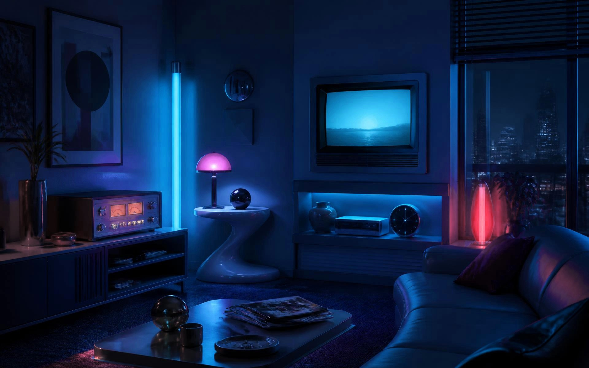 A nocturnal interior arranged with a glowing sculptural lamp, a curved side table and a small analog device